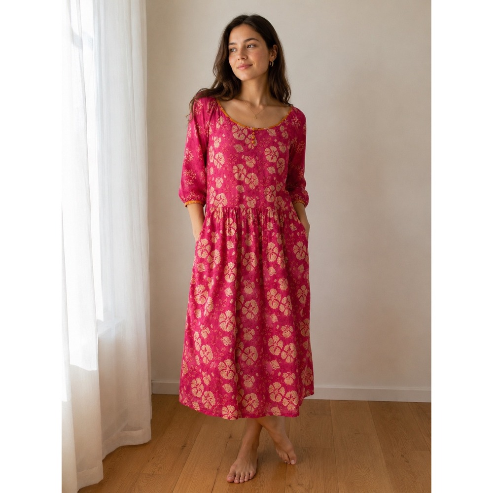 Gudrun Sjoden Cotton Pink Orange Floral Block Print Midi Dress Medium Boho